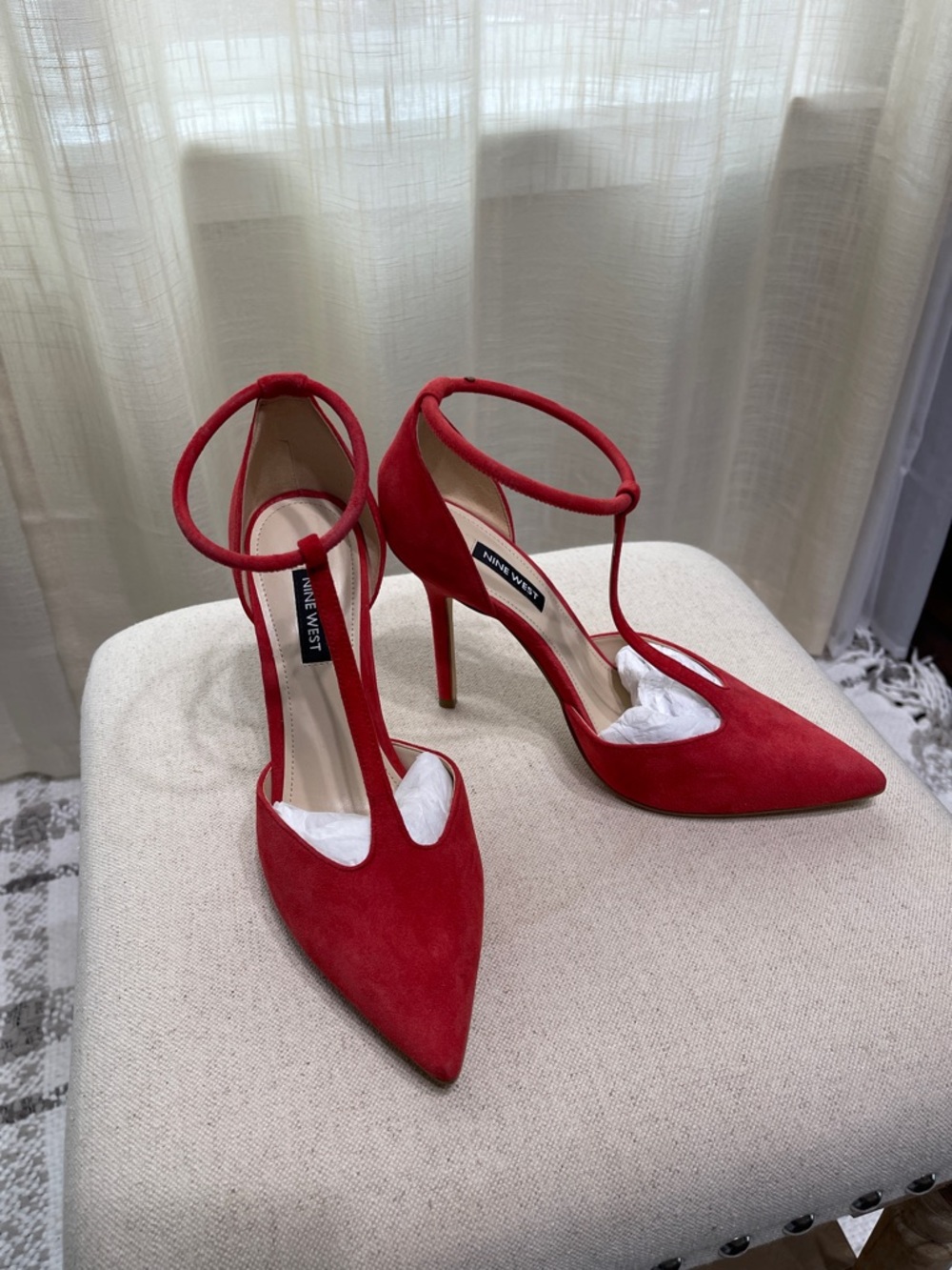 (New) Nine West Red faux Suede Pointed T-Strap Stiletto Heels Size  7.5